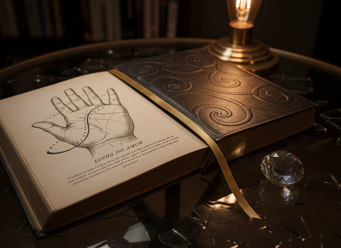 A close-up, cinematic macro shot of a dark, leather-bound palmistry manual opened to an illustrated page showing the ‘linha do amor’, printed in refined sepia ink with delicate crosshatching. A thin, gold satin ribbon bookmark traces between the pages, and a small, faceted crystal paperweight rests near the book’s corner, refracting subtle rainbows onto the text. The book lies on a smoked-glass tabletop that reflects fragments of the scene. Warm, low-key side lighting from a nearby vintage desk lamp creates dramatic contrast, illuminating the print while leaving the surroundings in gentle shadow. The mood is intimate, intellectual, and sophisticated, emphasizing the depth and precision of hand reading.