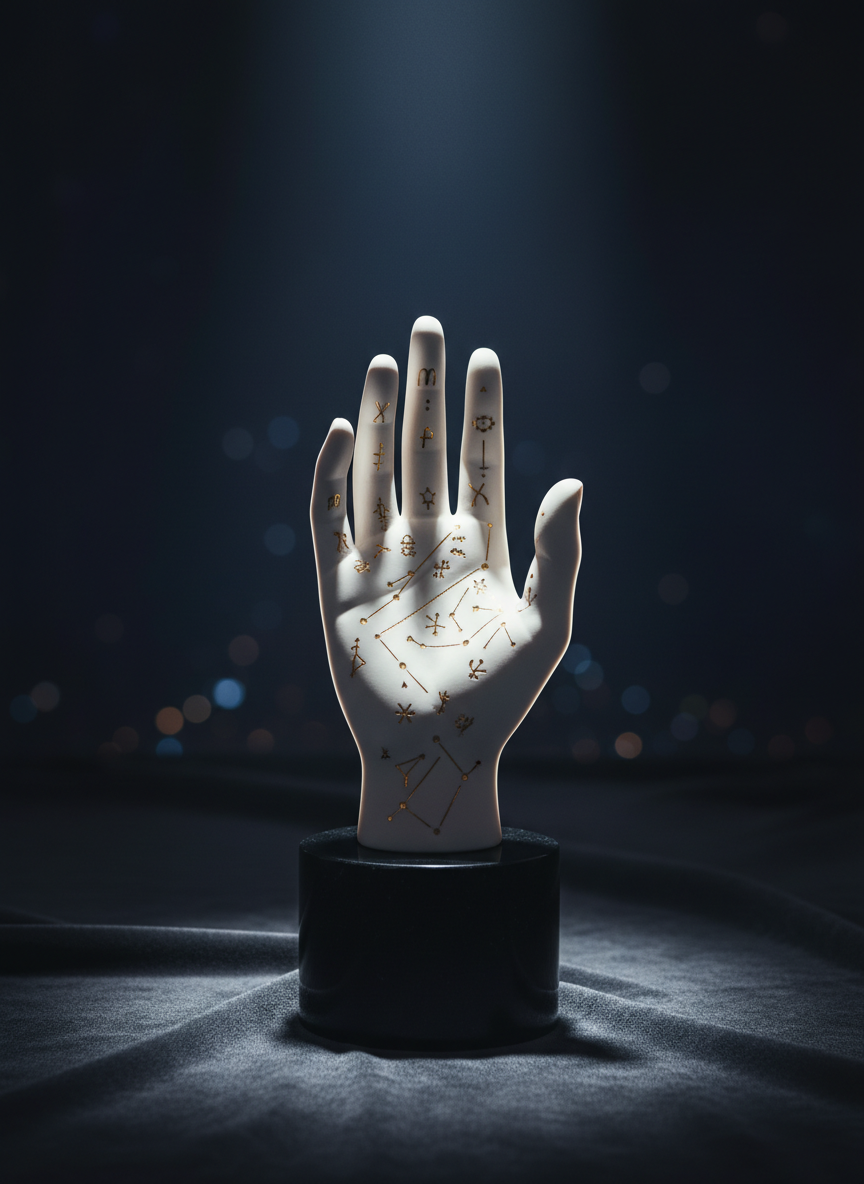 A single, sculptural porcelain hand in matte off-white, delicately poised with the palm facing upward, each major line subtly etched and accented with fine gold inlay forming constellations of symbols. The hand rises from a glossy black stone base set atop a charcoal velvet surface. Behind it, a blurred backdrop of deep indigo and midnight blue fades into a soft bokeh of distant, defocused lights. A cool, focused spotlight from above creates dramatic, cinematic shadows and a halo-like rim light around the hand. Framed with centered composition at eye level, the mood is mysterious and luxurious, suggesting a sophisticated gateway to understanding fate and fortune.