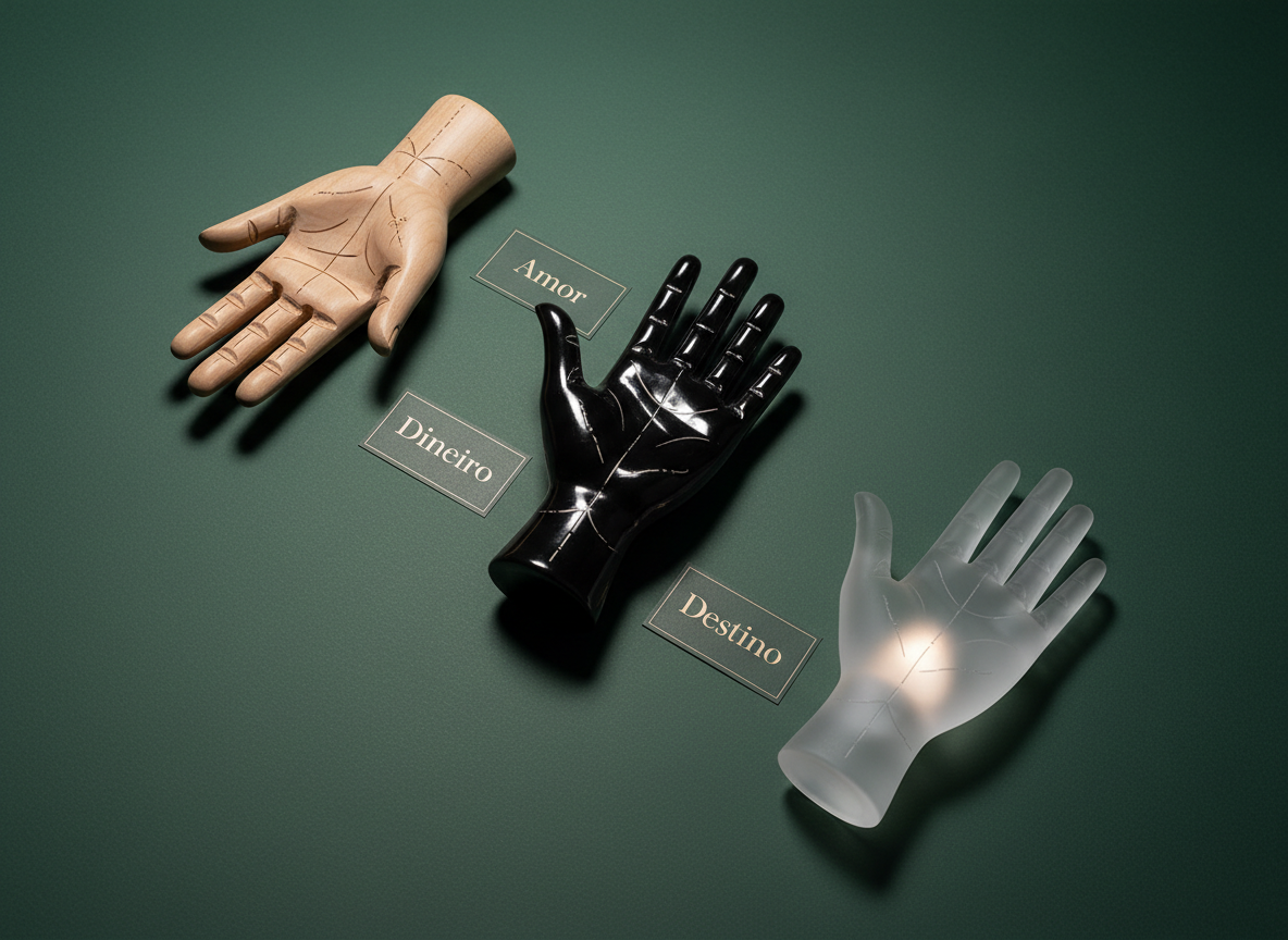 A minimalist, cinematic still life featuring three different palmistry hand models arranged in a graceful diagonal across a matte, deep forest-green backdrop. One is carved from smooth, pale wood with engraved lines; another, a glossy black ceramic hand with thin silver markings; the third, a translucent frosted glass hand subtly illuminated from within. Between them lie small, labeled cards reading “Amor”, “Dinheiro”, and “Destino” in refined serif type. A soft, overhead studio light creates sleek, controlled shadows and elegant reflections, emphasizing the textures and forms. Shot from a slightly elevated angle with a clean, spacious composition, the scene feels modern, luxurious, and perfectly aligned with a sophisticated brand of palm reading.